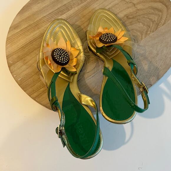 Green Yellow Sunflower Embellished Open Toe Kitten Heel Ankle Strap Size 9.5 - Picture 4 of 13